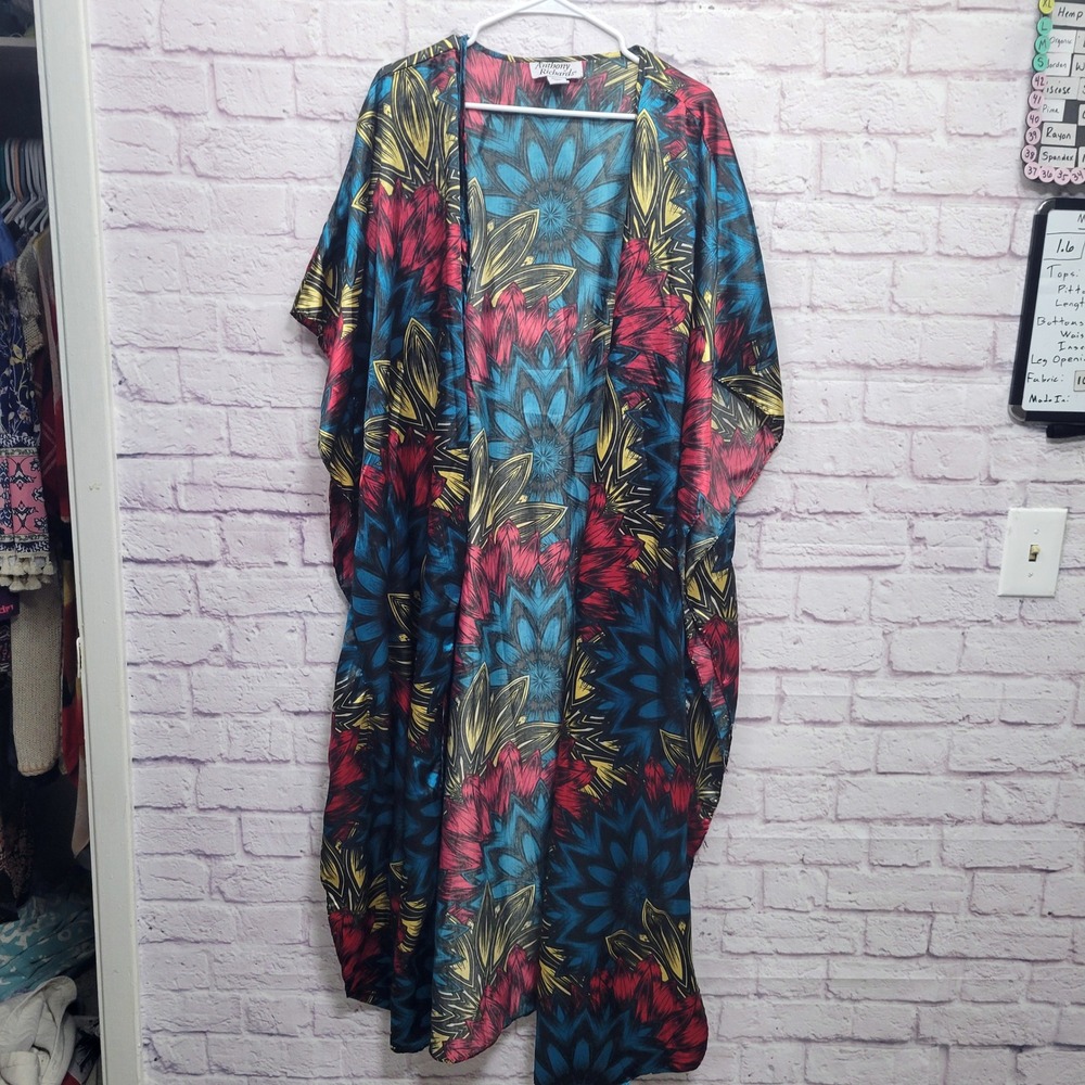 Anthony Richards Satin Kimono Robe OS Retro Bright Floral Batwing Open Front